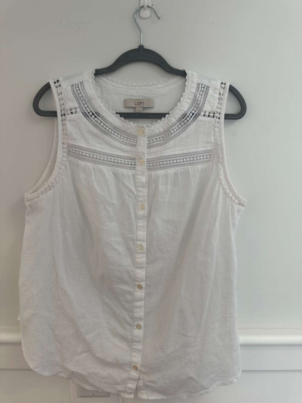 LOFT White Sleeveless Crochet Yoke Button-Up Blouse
